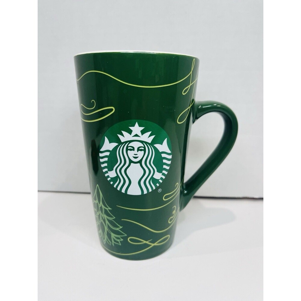 Starbucks 16 Ounce Tall Mug Coffee Cup Green Christmas Tree Logo 6" Holiday